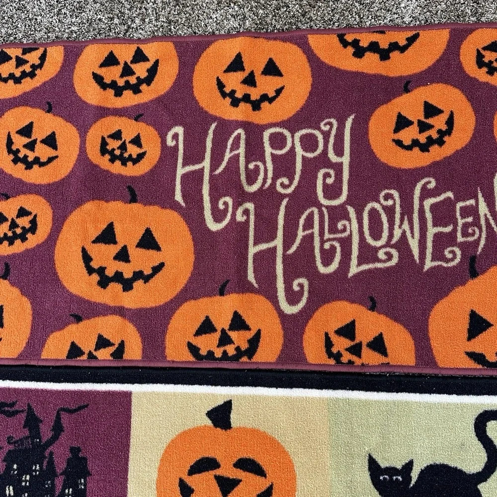 Lot of 2 Halloween Accent Rugs Doormats Pumpkins, Ghosts, Witch, Black Cat 45x26